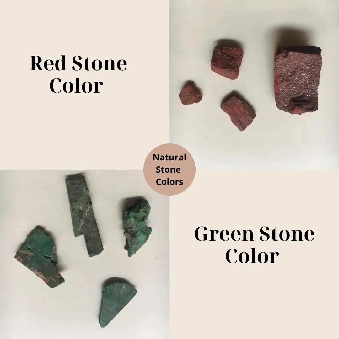 The family’s card of natural stone colours: red stone colour and green stone colour