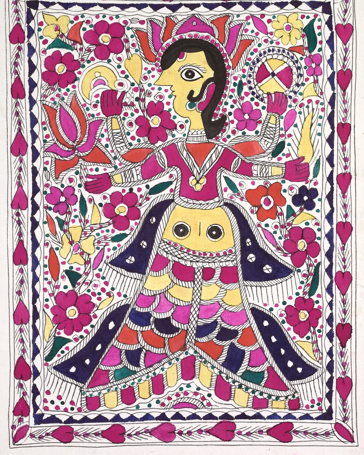 Madhubani painting — Four-armed goddess, with hearts in margin