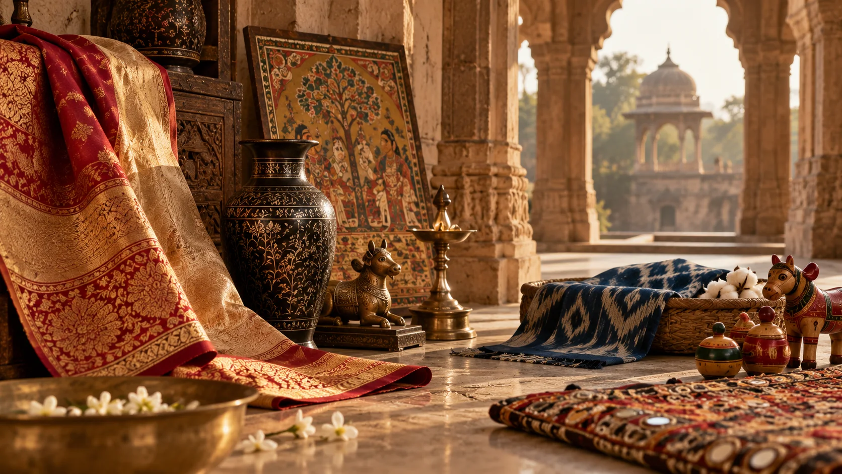 A courtyard still life at golden hour — Banarasi silk, a silver-inlaid Bidri vase, a Pattachitra panel, a brass lamp, ikat cloth and Channapatna horses